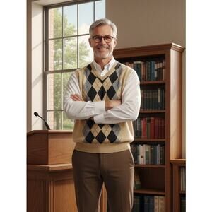 Izod Sweater Vest Mens L Yellow Argyle Preppy Academia 100% cotton